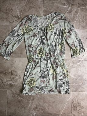 Prana Light Sage Floral Mini Dress with Yellow and Pink Accents